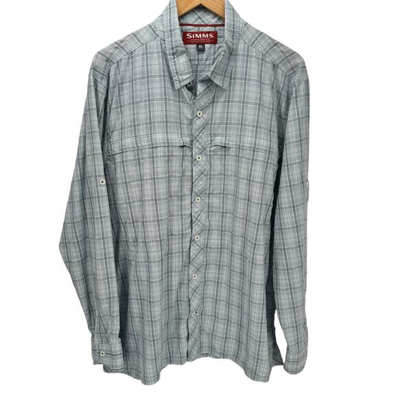Simms Fishing Shirt Mens XL Gray Plaid Button Down Long Roll Tab Sleeve Outdoor - Picture 1 of 12